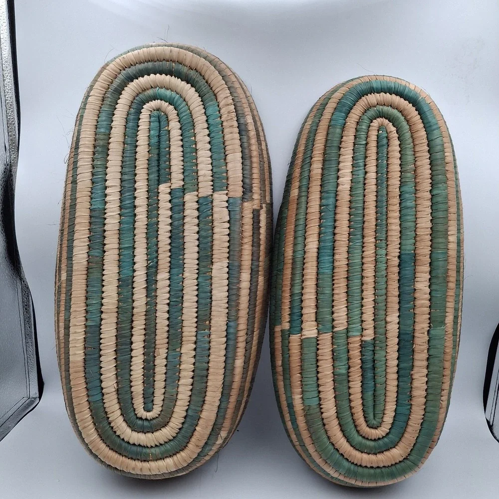 Set Of‎ 2 Hand Woven African Hausa Style Coiled Grass Nesting Baskets Green Tan